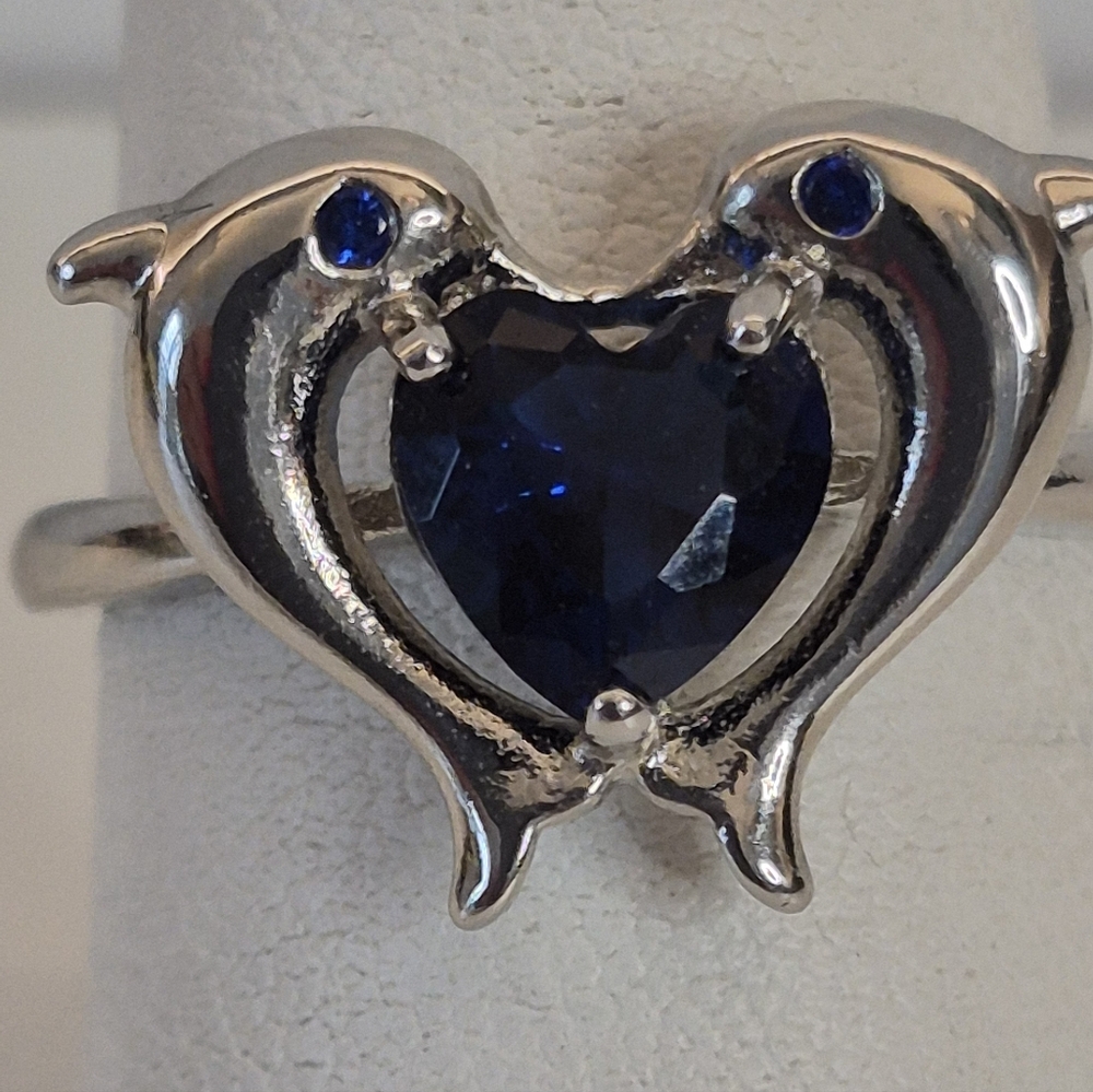 Sterling Silver Dolphin Heart Ring with Blue Gemstone Size 7